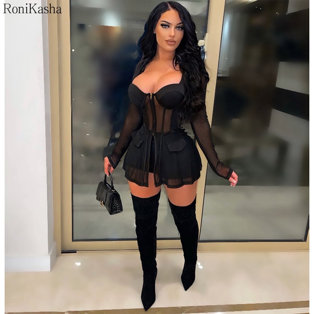 Women Summer Sexy Sheer Mesh 2 Piece Outfit Perspective Dress Shirt + Shorts See Through Party Club Black Matching Set