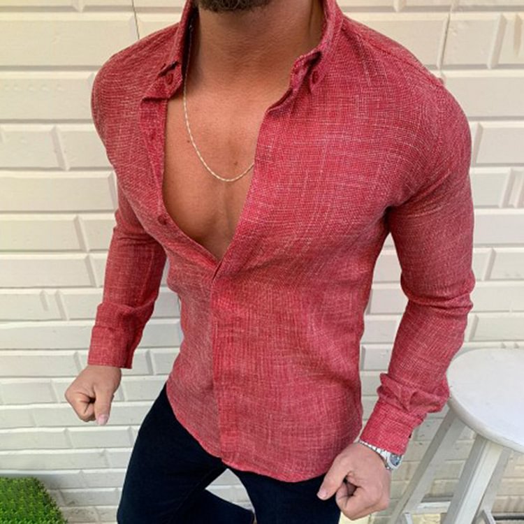 BrosWear Solid Color Texture Button Long Sleeve Shirt pink