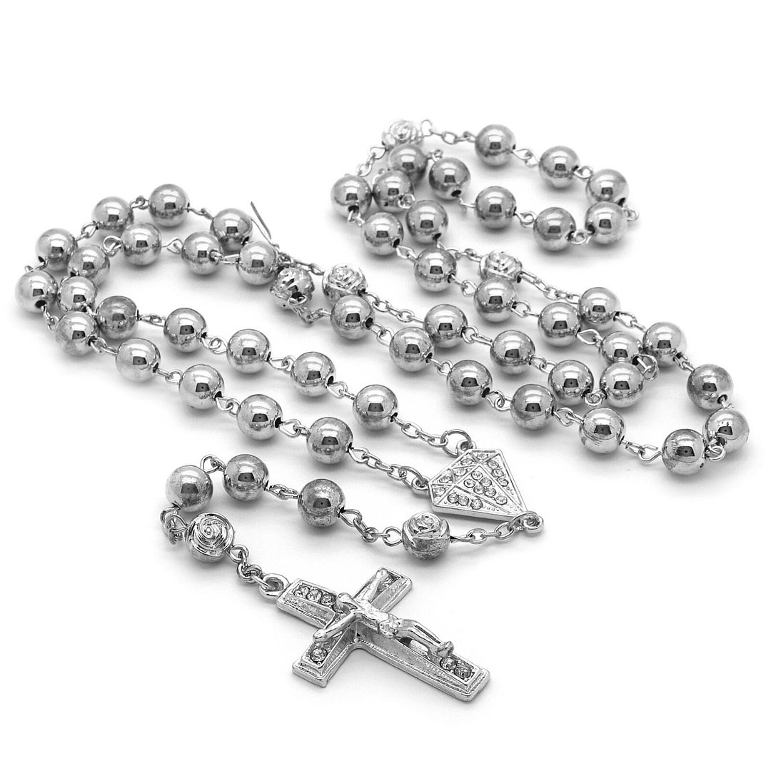 Silver Crystal Beads Rosary With D-Shape & Cross Pendants-VESSFUL