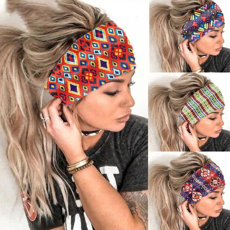 Ethnic multicolored geometric pattern elastic hairband