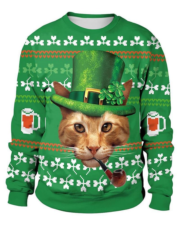 Mayoulove Clover Cat Patrick In The Green Hat Unisex Sweatshirt Pullover-Mayoulove