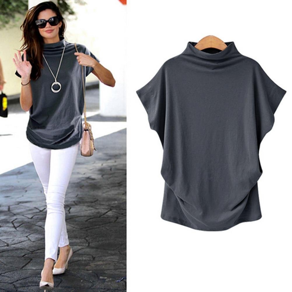 Women Casual Short Batwing Sleeve Loose Tops Solid Black Gray Turtleneck Tee T-Shirts-Corachic