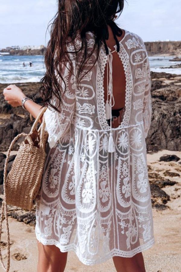 Women Elegant Smart Lace Hollow Round Neck Floral Print Beach Dress Smock-Allyzone-Allyzone