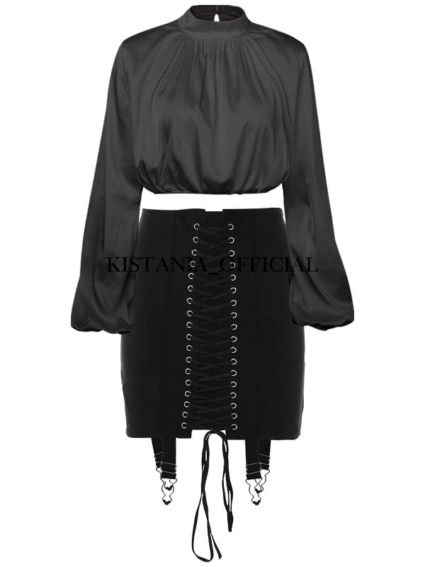 Elegant Solid Color Stand Color Balloon Sleeve Crop Top + Suspender High Rise Bodycon Skirt 2-piece Sets