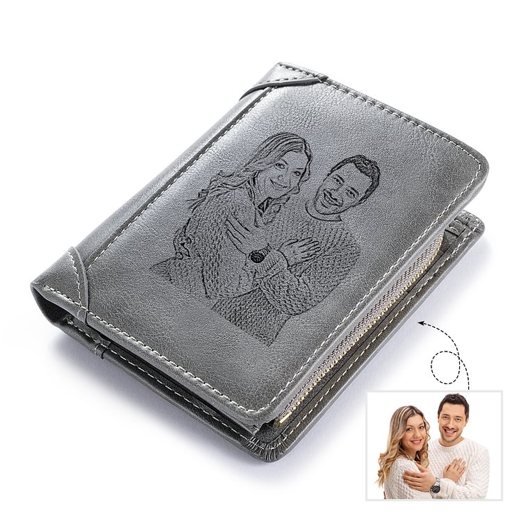 Short Style Personalised Leather Photo Wallet Engrave With Zipper