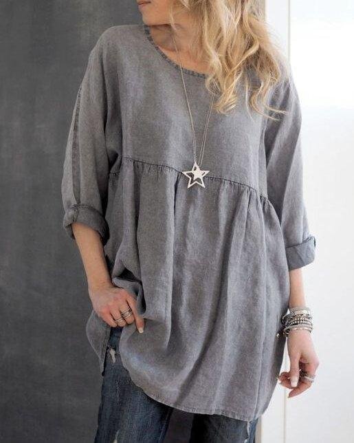Round Neck Cotton And Linen Blouse Top-Mayoulove