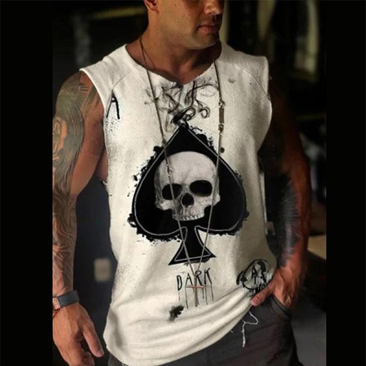 Poker Skull Printed Casual Summer O-Neck Sleeveless Tops Men's Tank Shirts