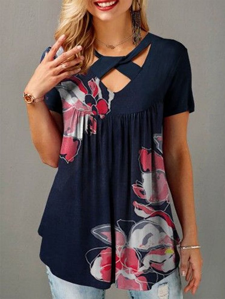 V-neck Loose Fit Printed T-shirt Top-Mayoulove