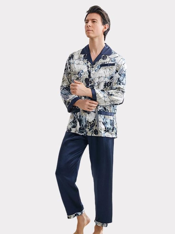 19 Momme Blue Printed Silk Pajamas For Men