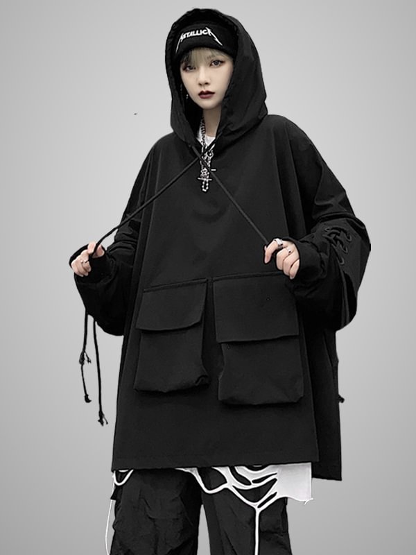 Gothic Dark Street Pockets Lace-up Loose Hoodie 