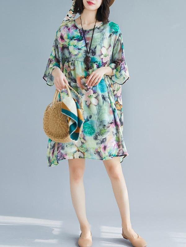 Two-Pieces Loose Floral Round Neck Dress And Suspender Suit