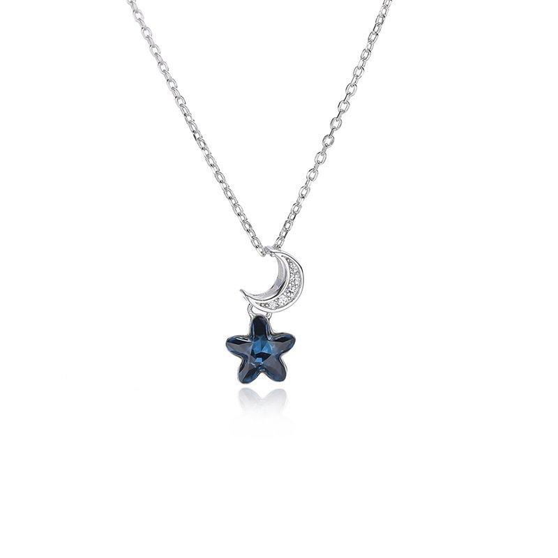 Silver Star Moon Blue Crystal Necklace