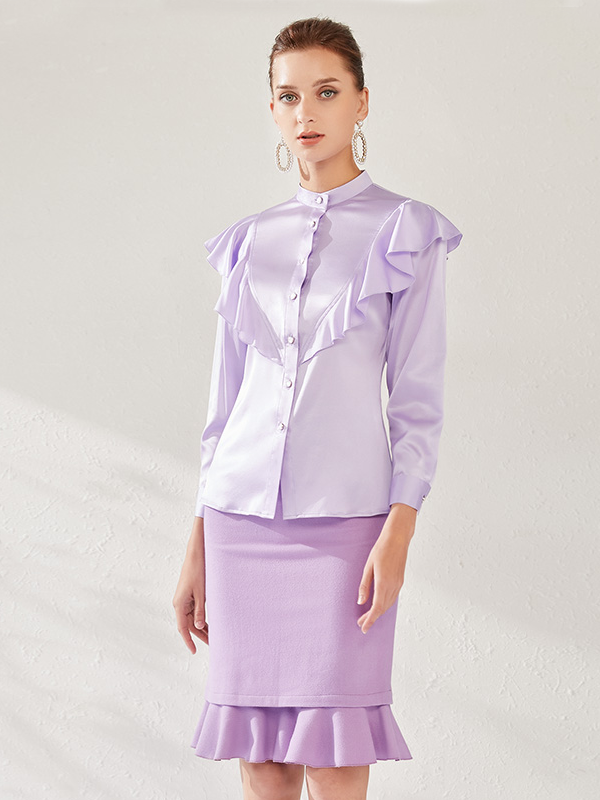 Light Purple Ruffled Trim Silk Shirt