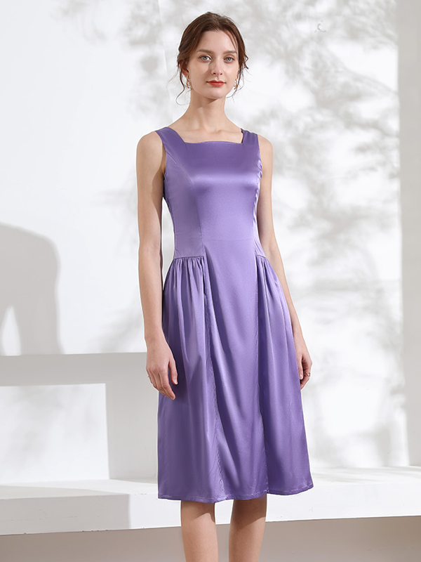 Squareneck Solid Purple Silk Dress