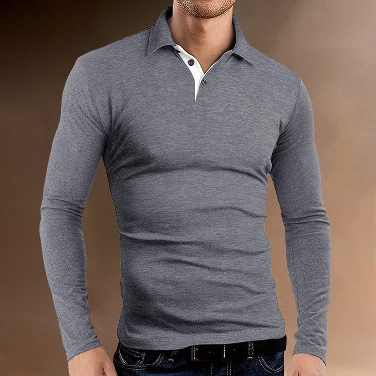 BrosWear Men's Casual Solid Color Slim Early Fall Daily Long Sleeve Polo Shirt grey