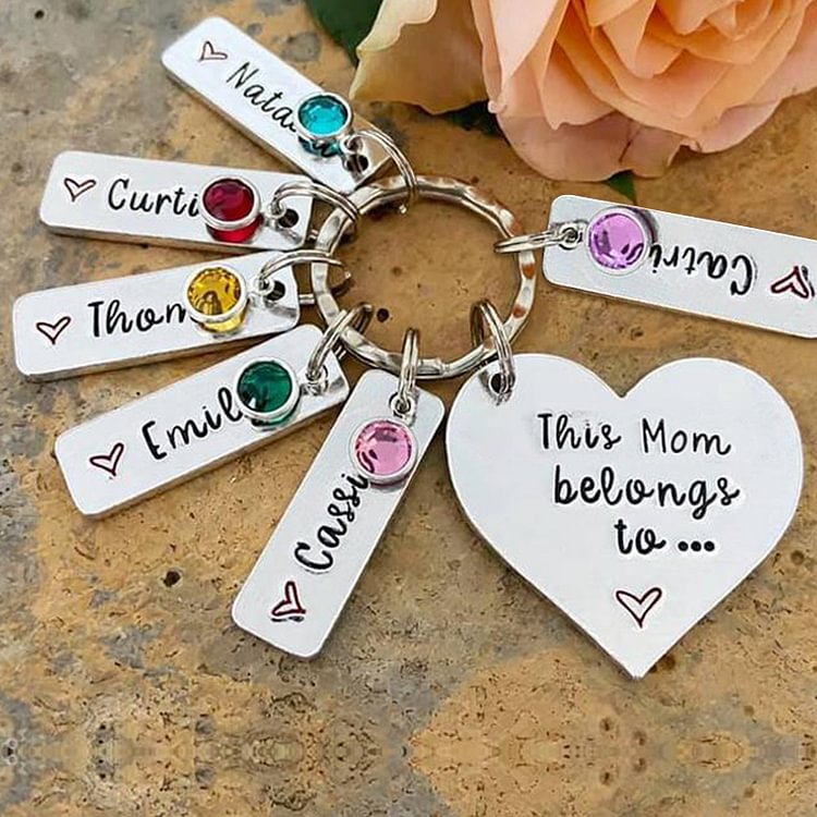 Personalized Keychain With Engraved 6 Names and 6 Birthstone Crystals - Mother's Day Gift