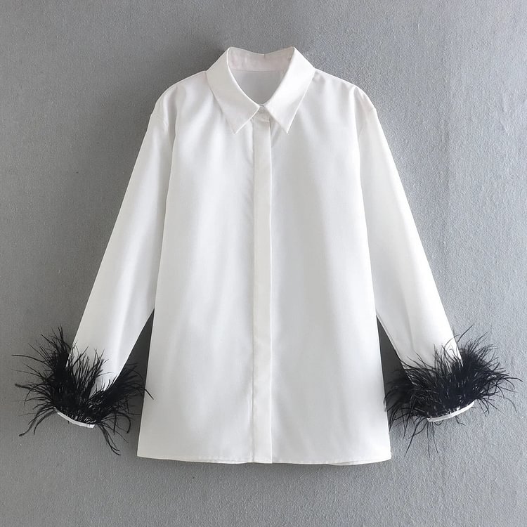 Women's Cuff Feather Decorative White Poplin Shirt
