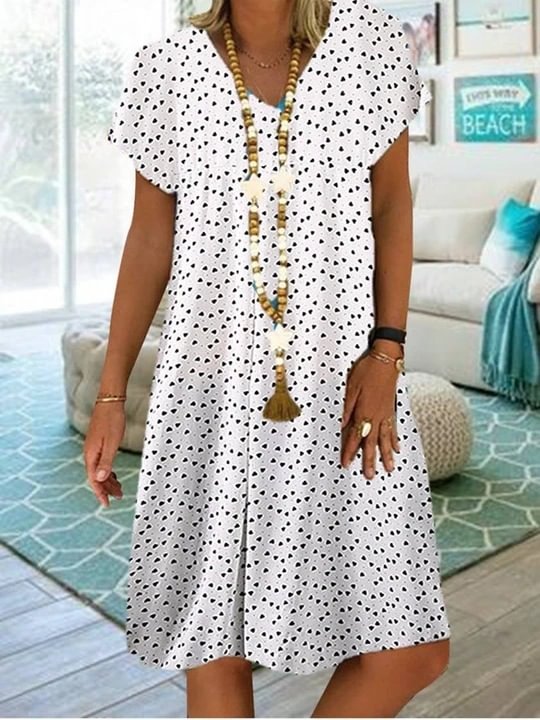 Women's Short Sleeve Polka Dot Striped Summer Midi Dress Plus Size Casual Sundress Casual Short Sleeve V-neck Dot Heart Print Dress