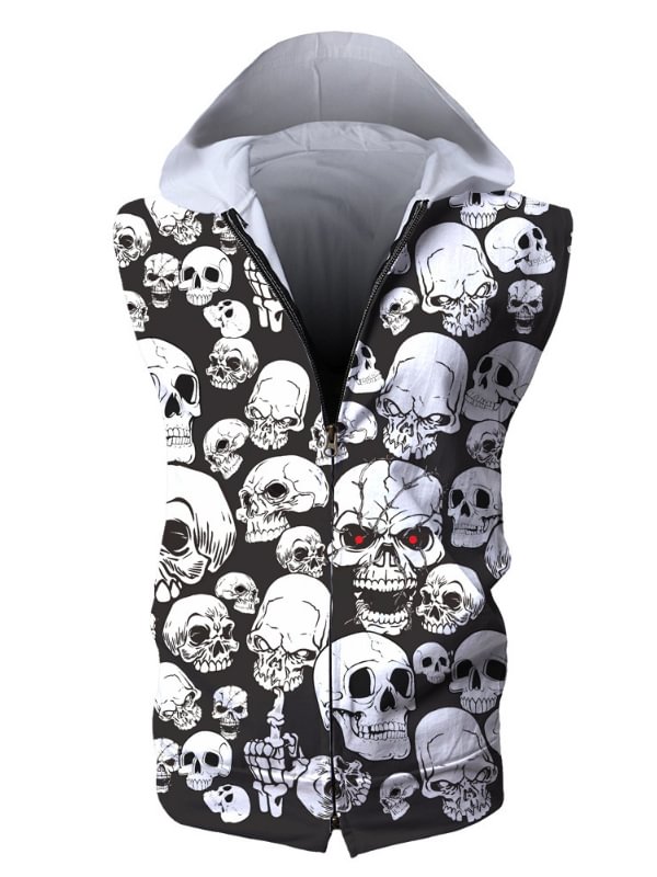 Goth Skull Graphic Printed Zipper Sleeveless Hoodie