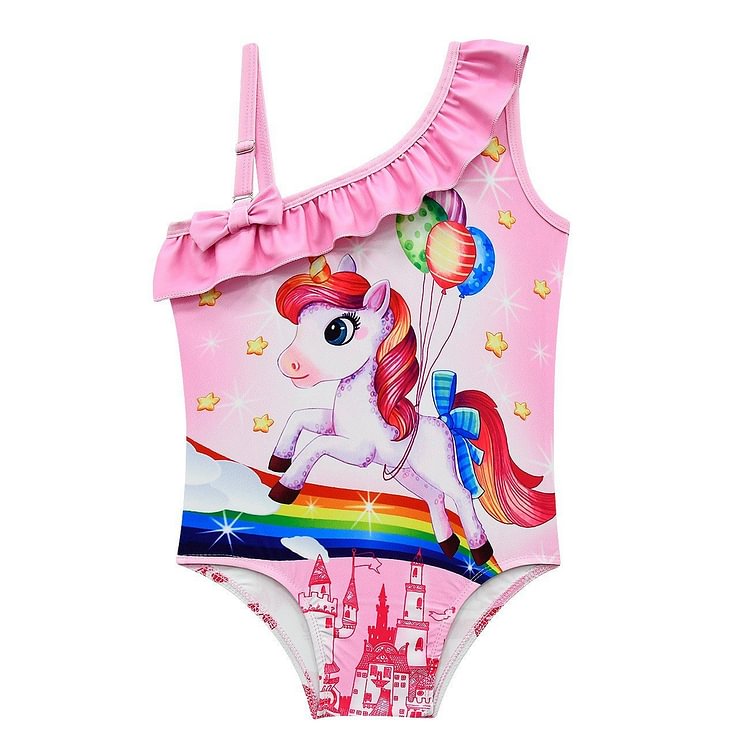 Mayoulove Rainbow Balloon Unicorn Print Little Girls Ruffle One Piece Swimsuit-Mayoulove
