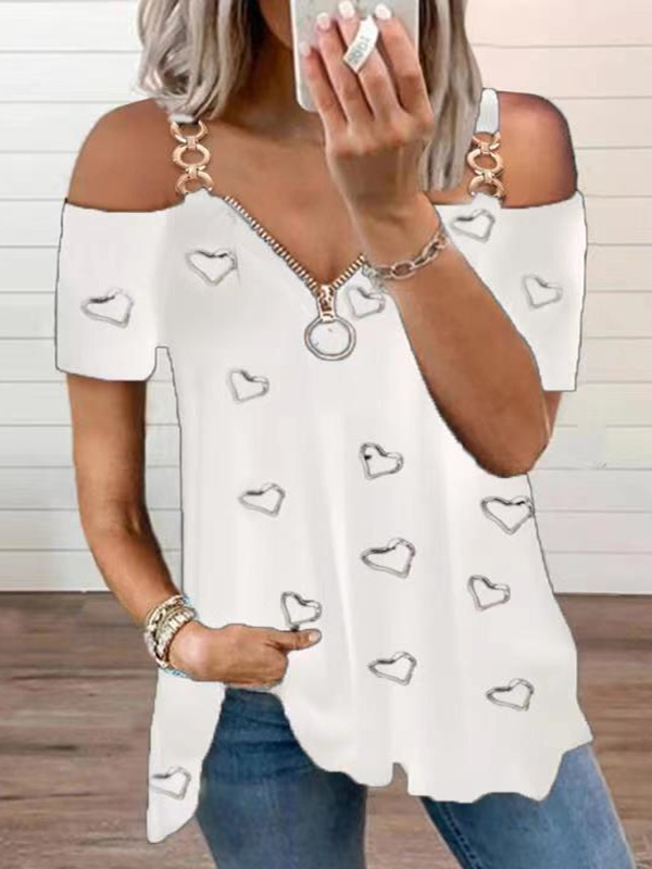 Sexy low-cut zipper solid color off-the-shoulder short-sleeved T-shirt-Mayoulove