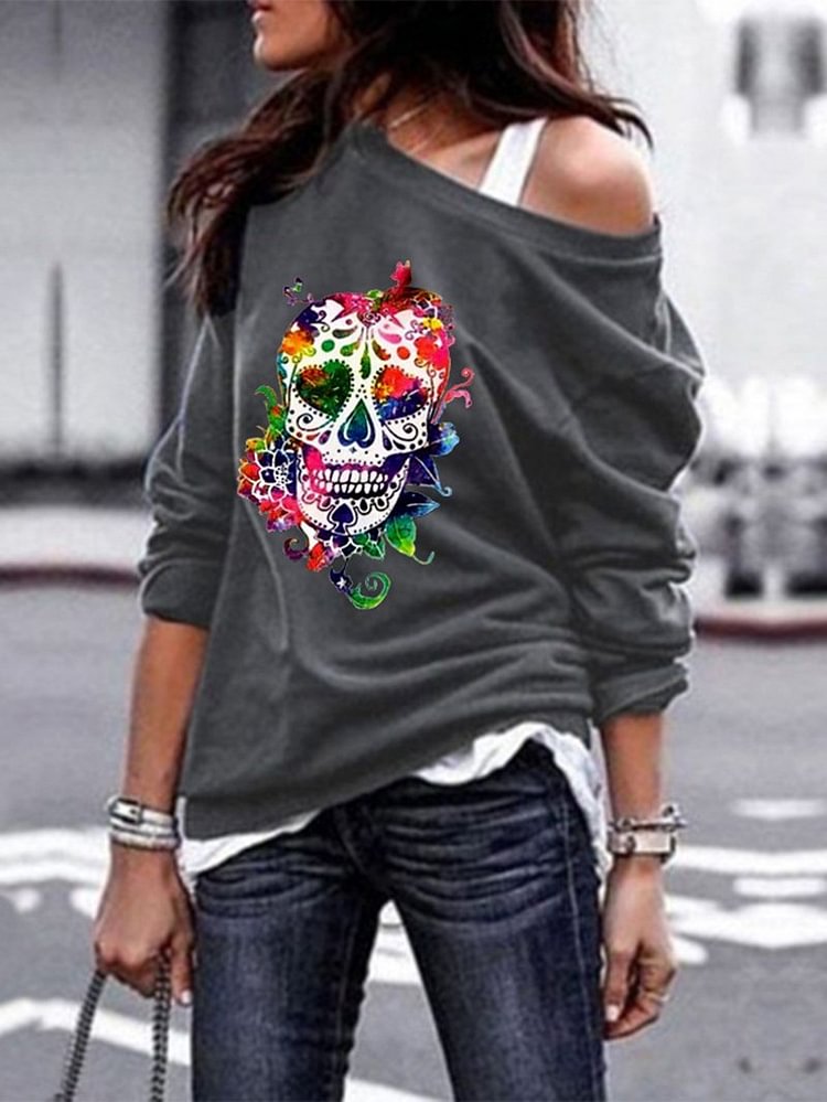 Round Neck Sweater Women's Skull Print Halloween Blouse-Mayoulove
