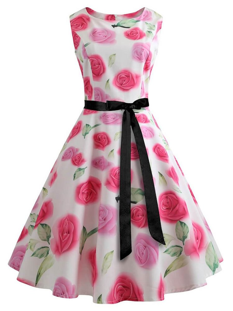Mayoulove Audrey Hepburn Dress A-Line O-Neck 1950s Dress with Pink Rose Printing-Mayoulove
