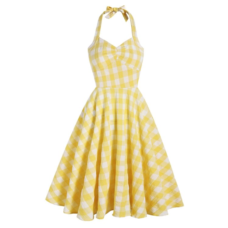Mayoulove Women's 1950s Halter Dress Formal Plaid Print V-Neck Midi Summer Swing Dresses-Mayoulove