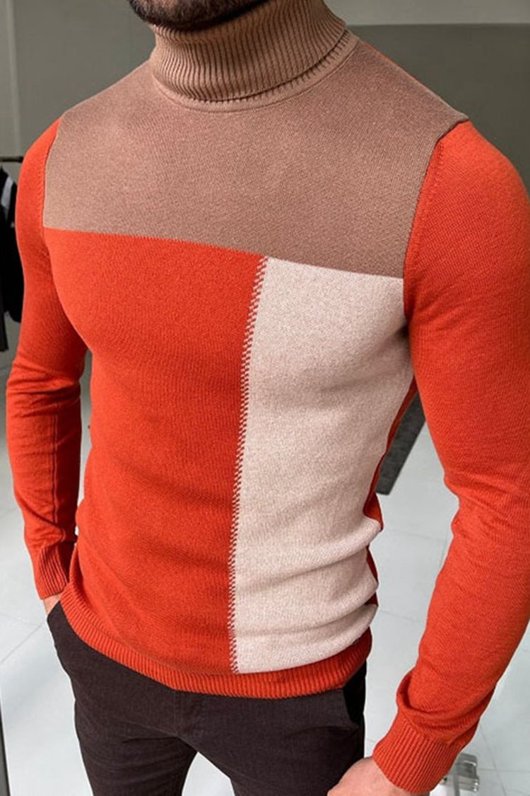 Tiboyz Men's Colorblock Turtleneck Knit Pullover Sweater