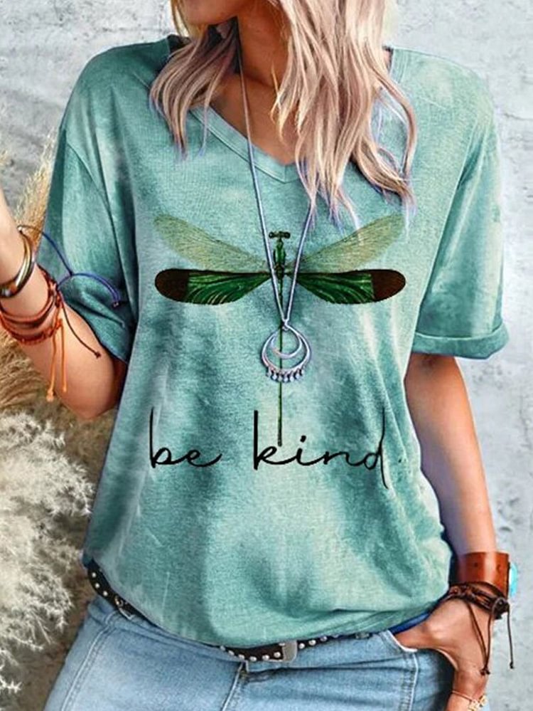 Round Neck Dragonfly Print Pullover Short Sleeve Top-Mayoulove