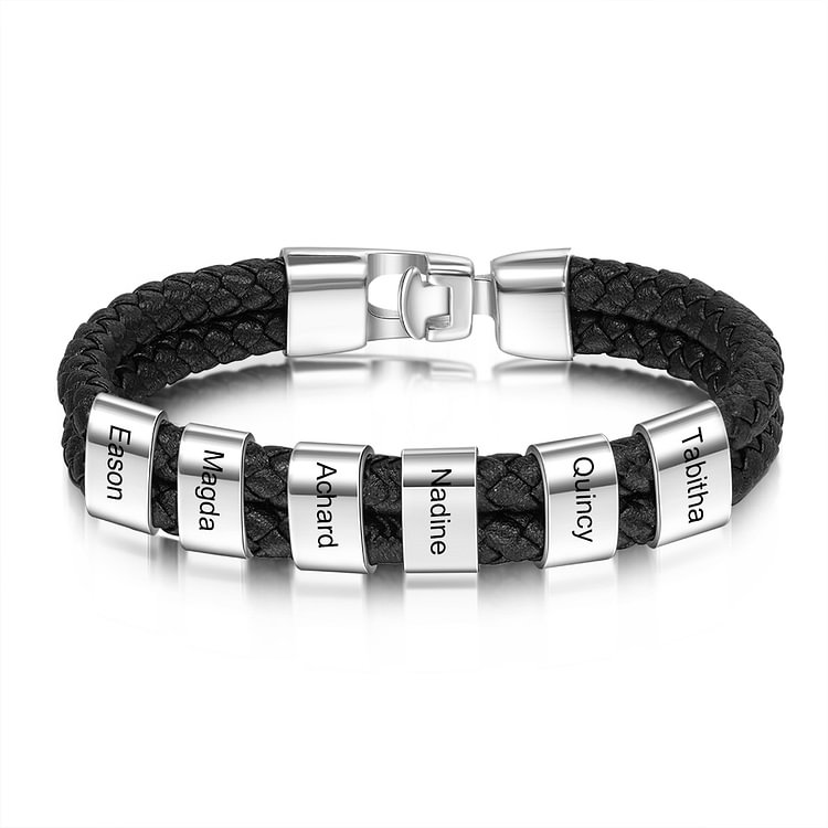 6 Names-Personalized Mens Leather Bracelet with Name Beads