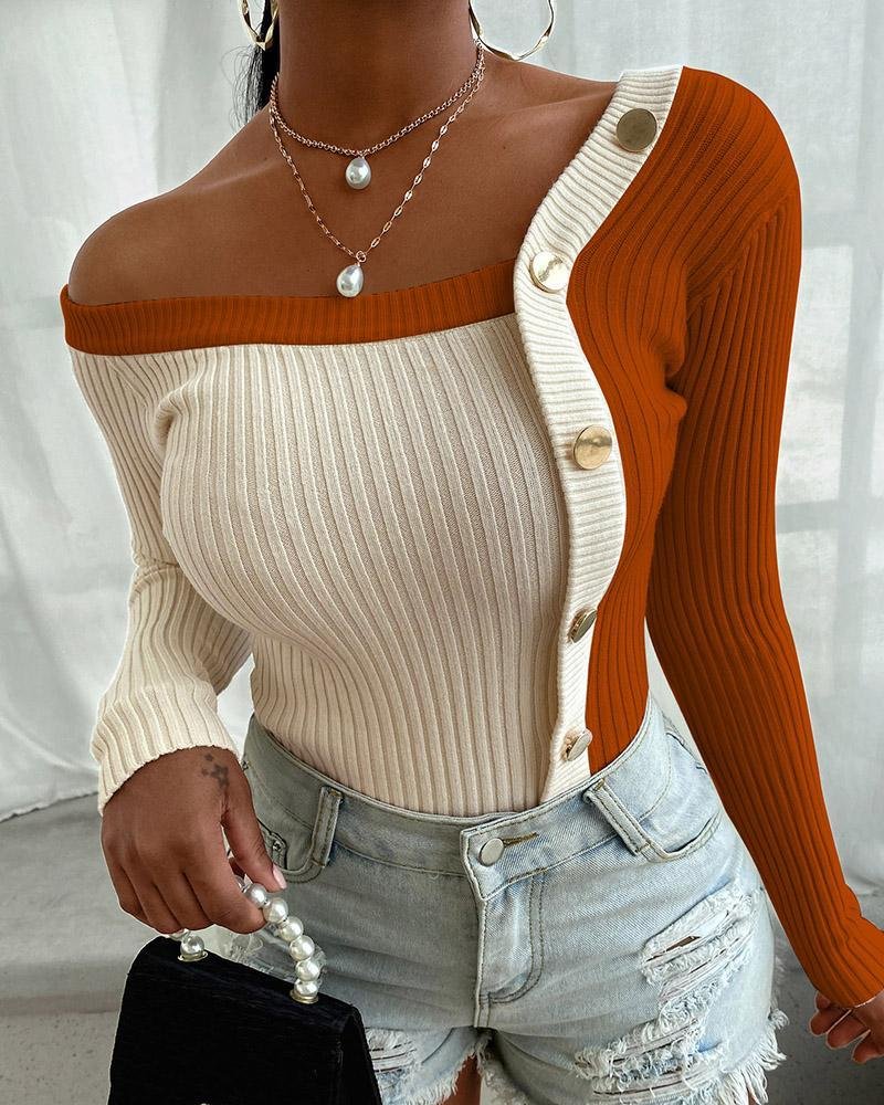 Colorblock Buttoned Knit Long Sleeve Sweater P10929
