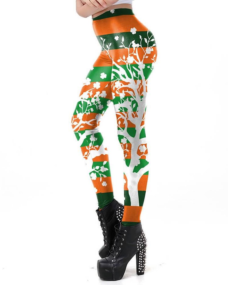 Mayoulove Striped Clover Tree Printed St. Patrick Womens Leggings-Mayoulove