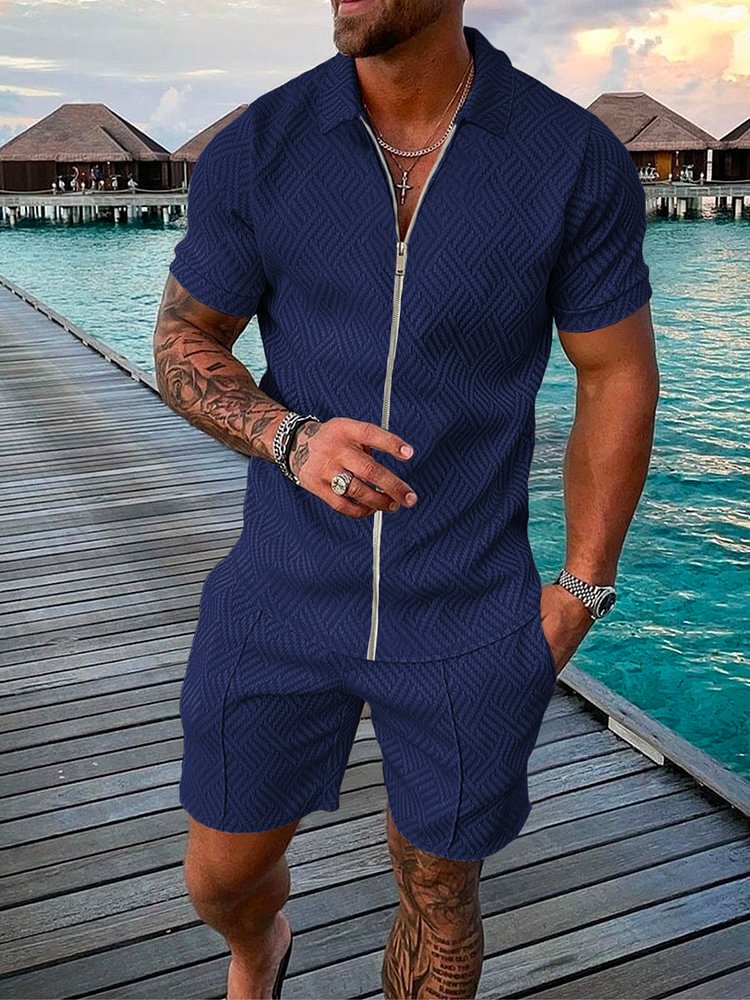 Men's Vacation Dark Blue Short Sleeve Cardigan Suit