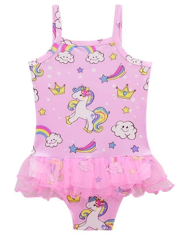 Cute Rainbow Unicorn Print Ruffle Mesh Waist Girls One Piece Swimsuit-Mayoulove