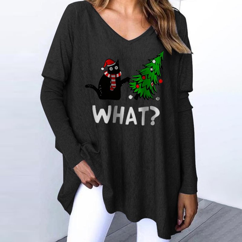 What? Black Cat And Christmas Tree Print Tees