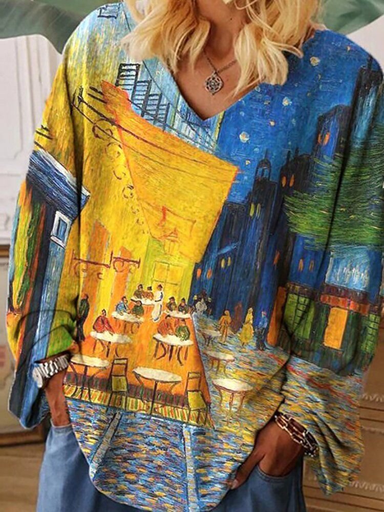 Women's V-neck Printed Long Sleeve Painting Multicolor Loose T-shirt