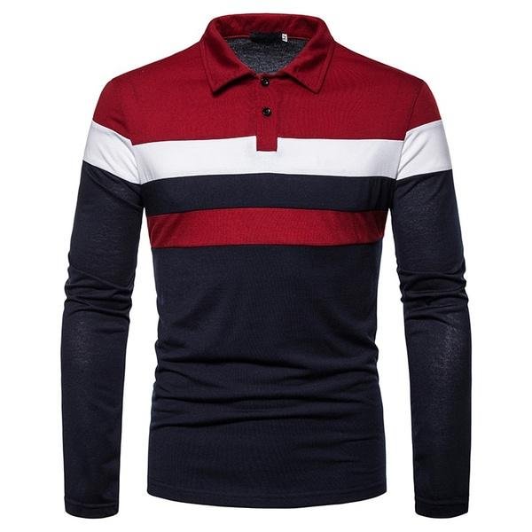 Fashion Men Lapel Long Sleeve Tri-color Striped Stitching Shirts-Corachic