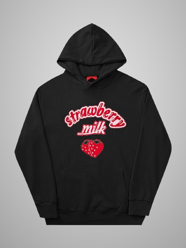 Y2K Street Fashion Sweet Girl Strawberry& Letter Printed Color Block Pullover Long Sleeve Fleeced Hoodie