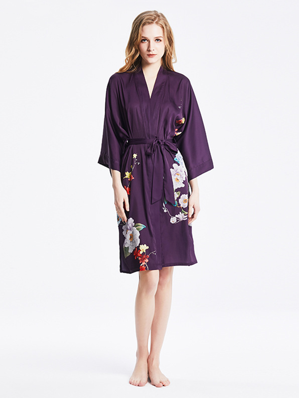 19 MOMME Kimono en soie imprimé floral violet - grande taille -Soie Plus
