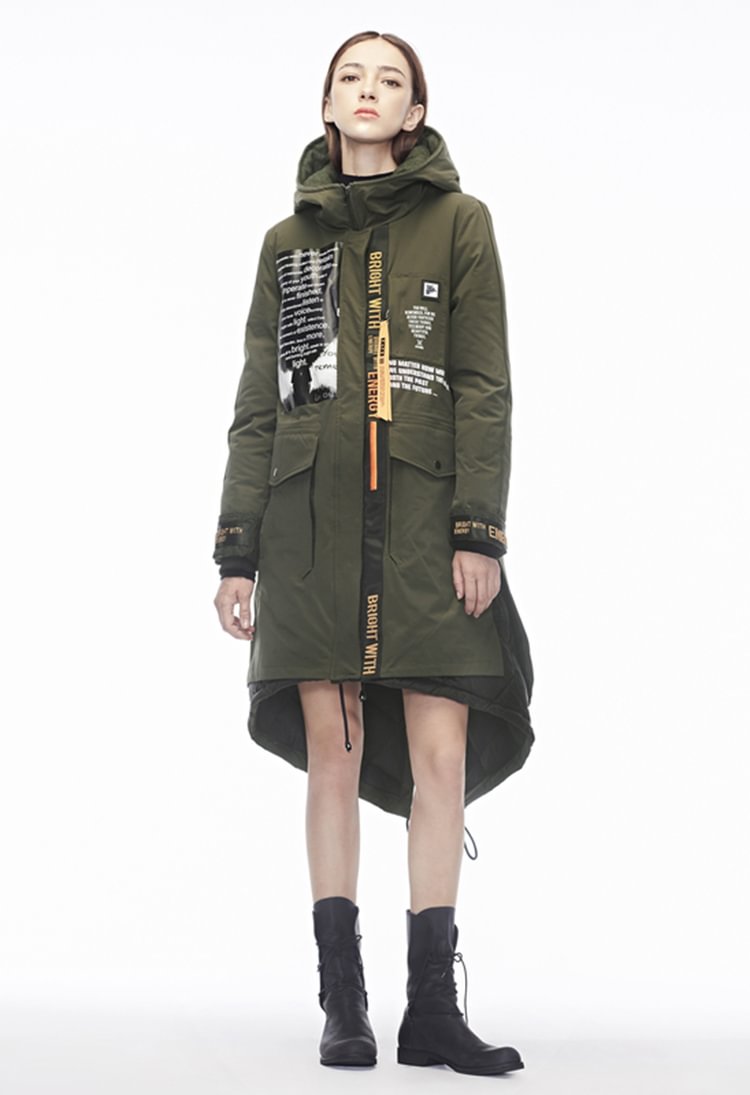 SDEER Letter-print Down Jacket With Slits And Lace-up Hem