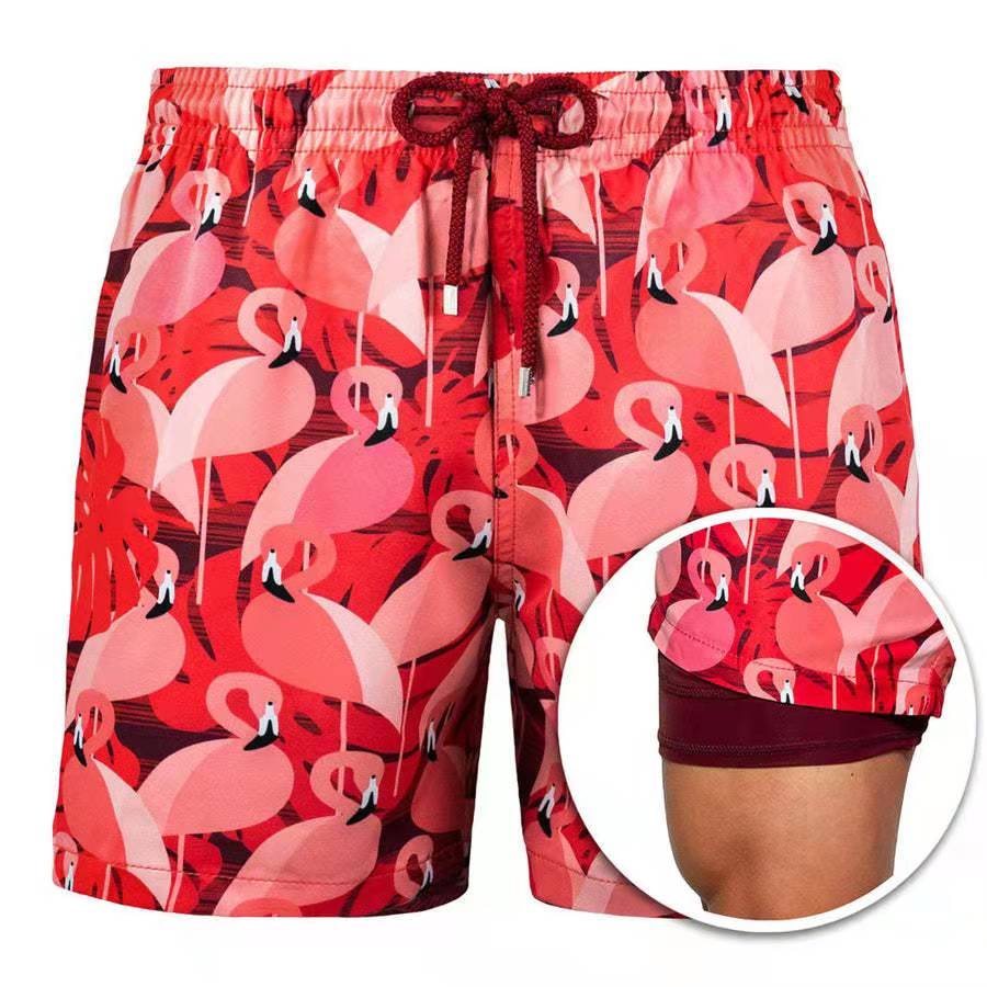 The Pink Flamingos -Drawstring Beach Built-in Compression Liner Swim Trunks