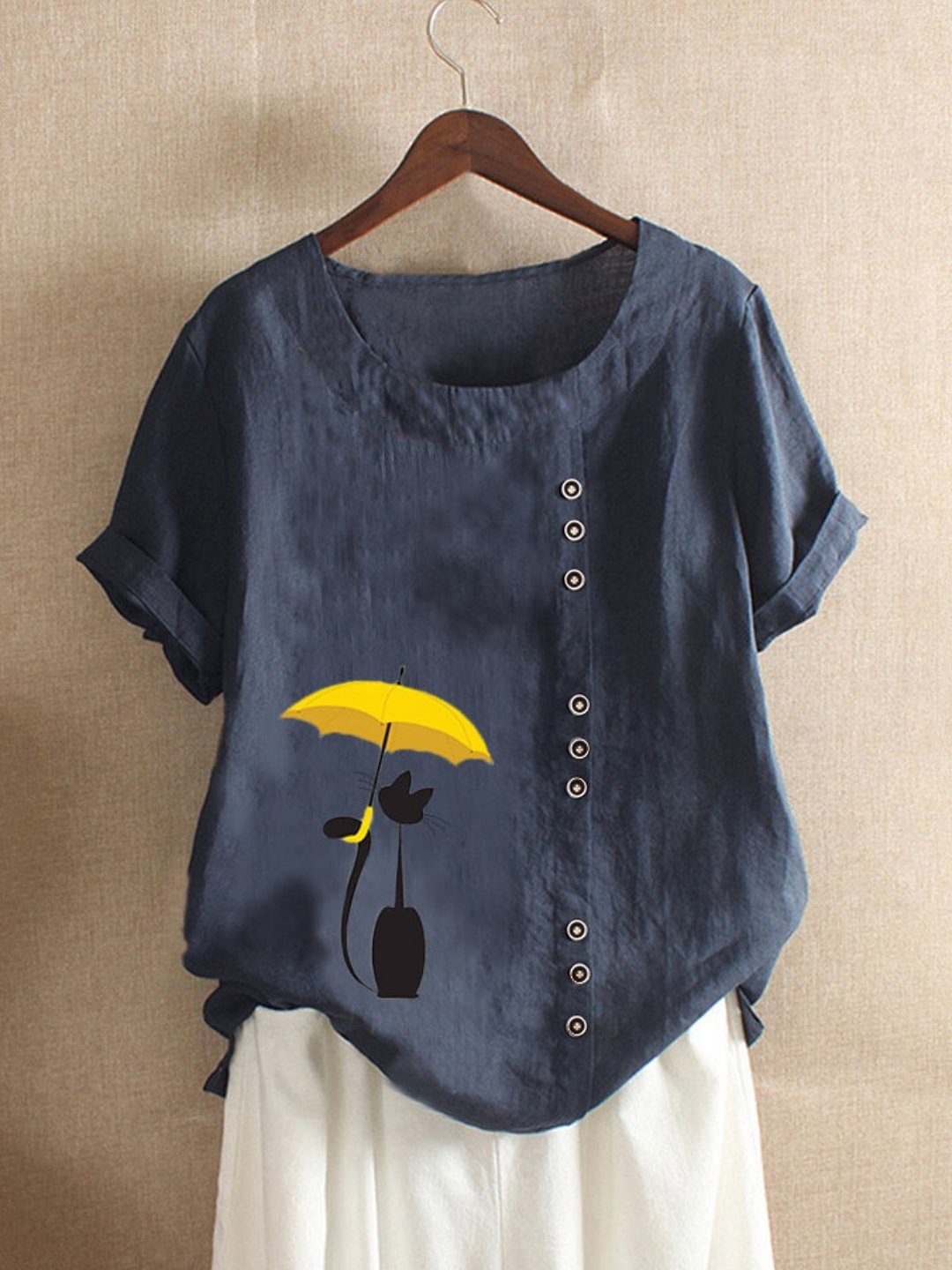 Navy Blue Casual Round Neck Shirts & Tops-Corachic