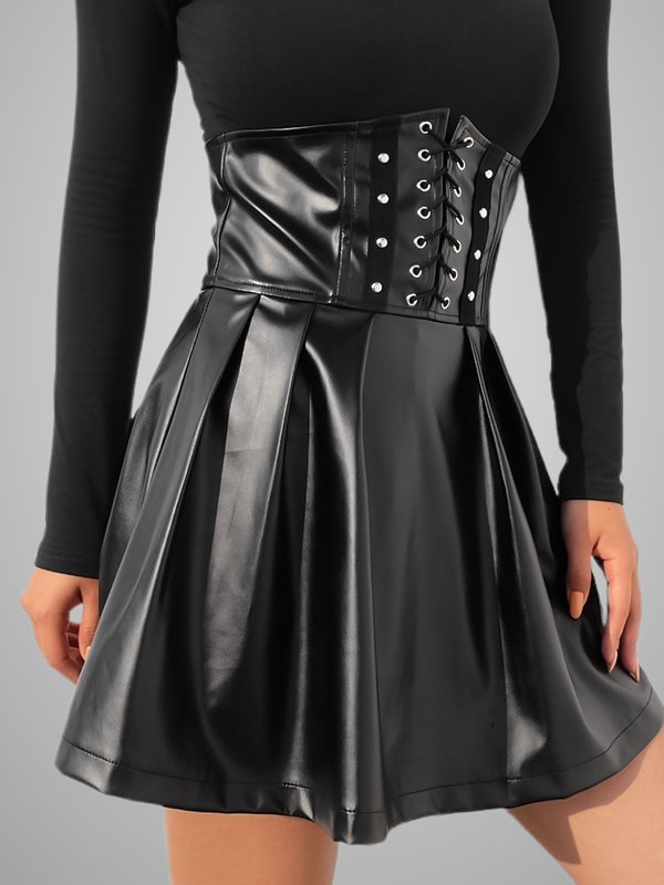 Dark Sexy Fashion Tunic Lace Leather High-rise Slim Solid Skater Dress