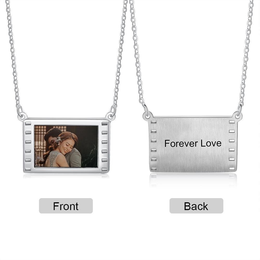Movie Film Picture Necklace Square Pendant with Engraving, Custom Necklace with Picture and Text