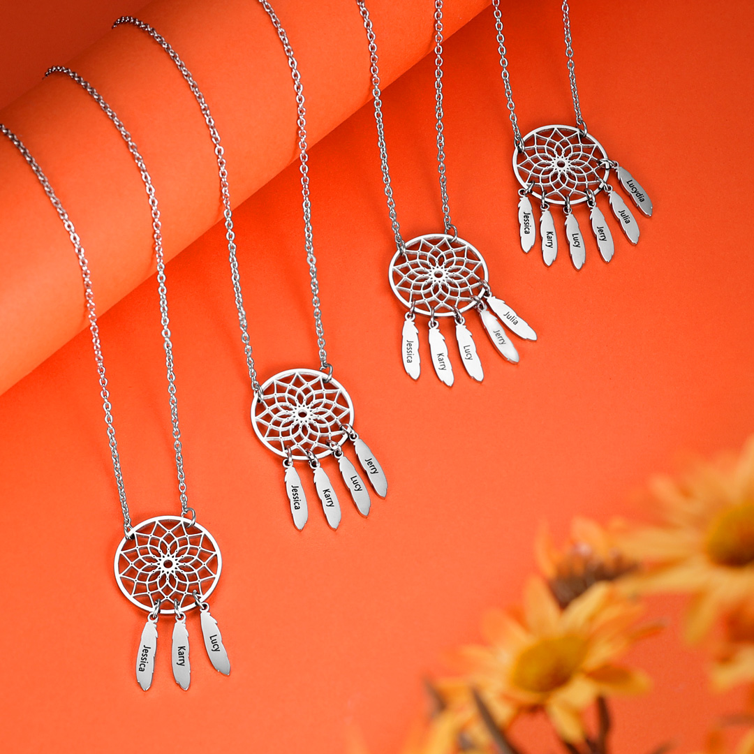 Personalized Retro Dream Catcher Necklace Engraved 3 Names Gift For Women