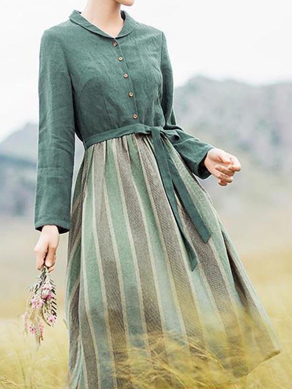 Hiden Pocket Vintage Patchwork Linen Dress-Mayoulove