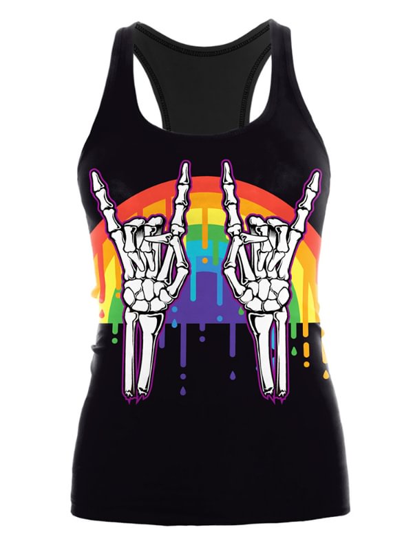 Punk Style Rainbow Skull Printed Color Block Vest