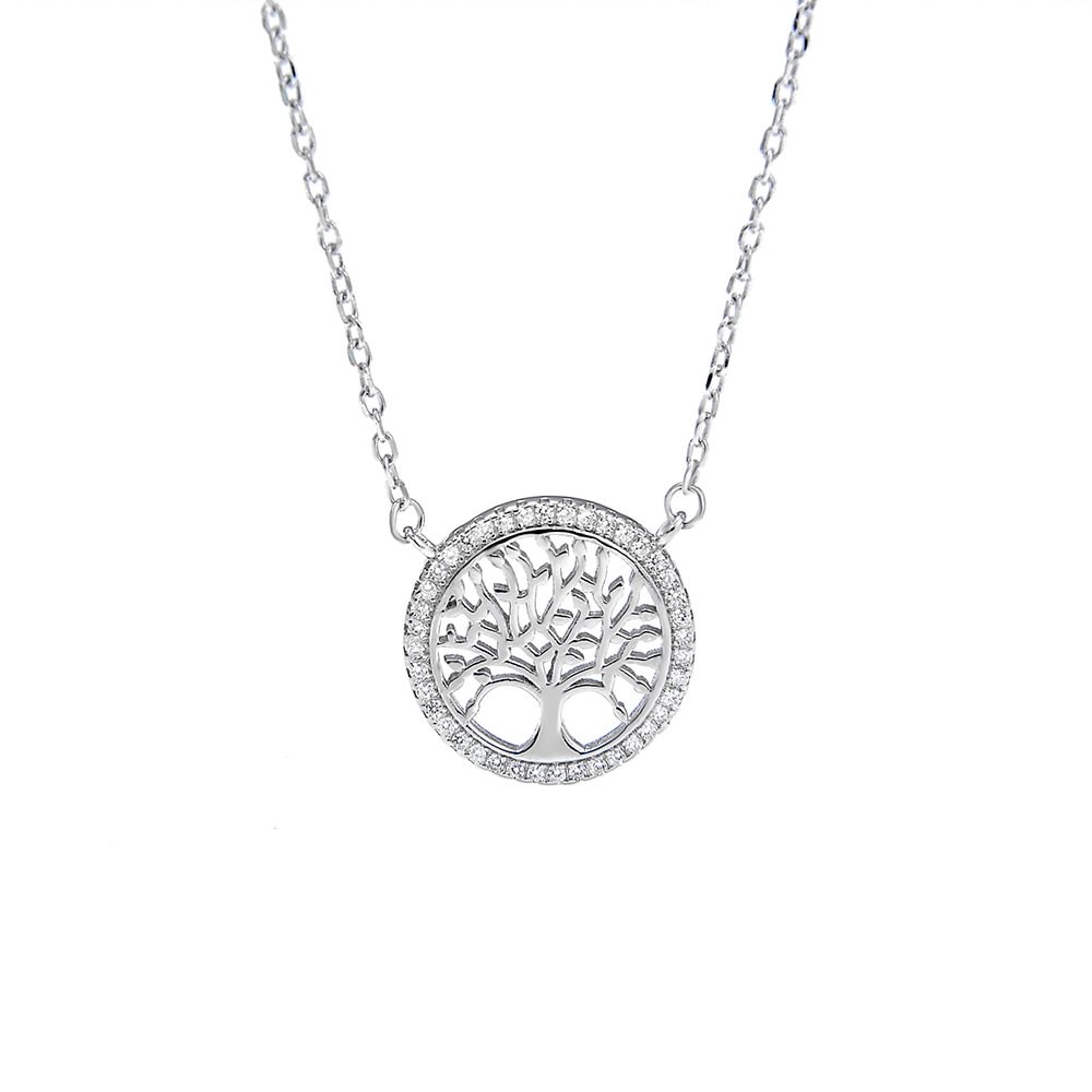 Dainty Life Tree Disc Pendant Silver Necklace for Women