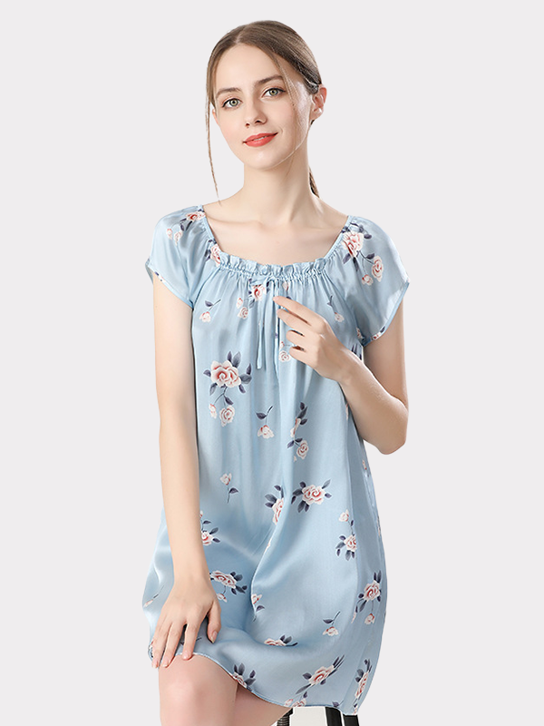Blue Fancy Pattern Silk Nightgown For Women